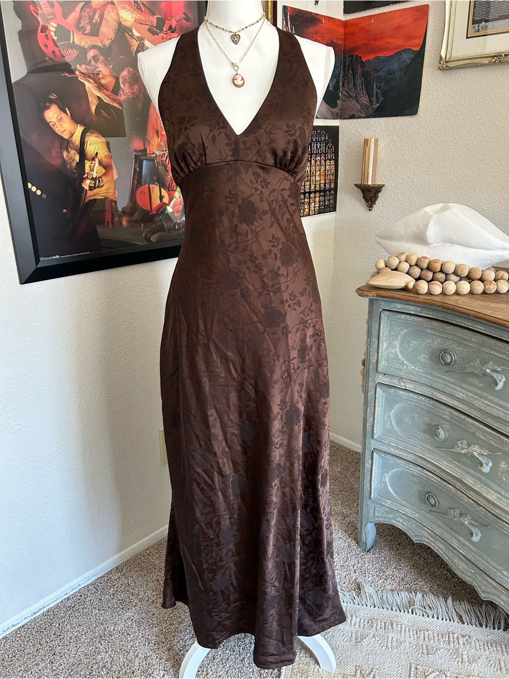 90s Y2k Whimsigoth Brown Slip Dress Size XL Babydoll Floral Witchy Grunge Halter